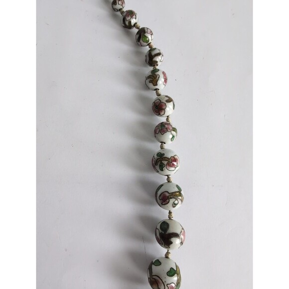 VTG Chinese White Pink Cloisonne Paint Style Knotted Glass Bead 27" Necklace - Picture 9 of 14